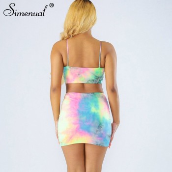 Tie Dye Strap Sexy Women Two Piece Sets Sleeveless Bodycon Summer 2019 Fashion Slim Outfits Camis And Mini Skirt Set